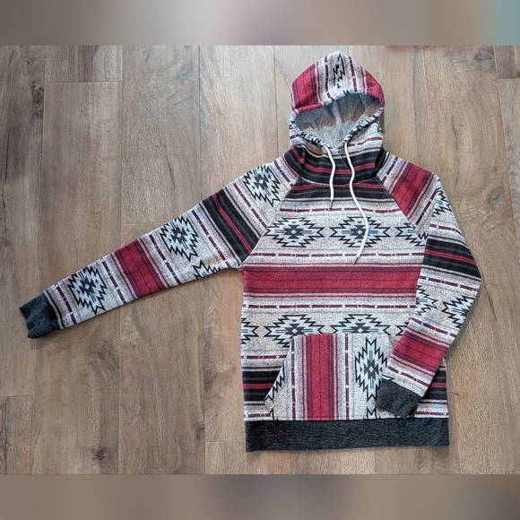 Aztec Patterned Red and Gray Hoodie - Picture 3 of 4